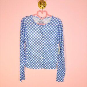 Sheer Blue Gingham Button-Up Top – Long Sleeve Cropped Blouse (L, NWT, Flawed)